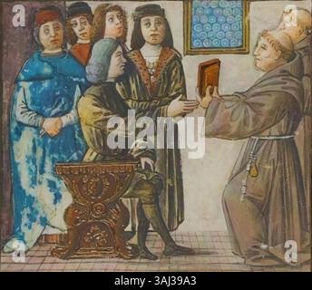 Diese Darstellung zeigt, wie Fra' Luca Pacioli sein Buch de Divina Proportione Ludovico Sforza, dem Herzog von Mailand, schenkt, ein bemerkenswertes Ereignis, das den intellektuellen Austausch der italienischen Renaissance widerspiegelt. Stockfoto