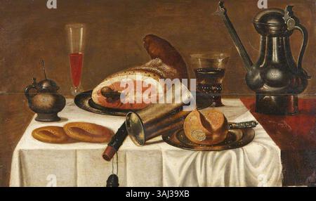 Dieses Stillleben, das einem Nachahmer von Pieter Claesz zugeschrieben wird, zeigt Speisen und Getränke auf einer weißen Tischdecke. Das zwischen 1600 und 1699 gemalte Stück fängt die ruhige Eleganz und Liebe zum Detail ein, die für das niederländische barocke Stillleben charakteristisch sind. Stockfoto