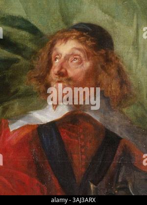 Dieses Öl-auf-Leinwand-Porträt von Anthony van Dyck zeigt Karl I. von England zu Pferd, begleitet von seinem Reitsport Pierre Antoine Bourdon, Seigneur de St Antoine. Das Gemälde entstand 1633. Stockfoto