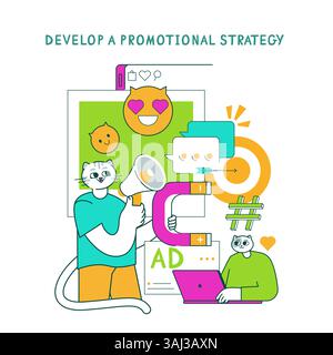 Produktmarketing-Strategie mit visueller Kommunikation. Eine Katze fördert die emotionale Bindung durch innovative Werbung und richtet sich mit digitalen Tools und kreativen Inhalten effektiv an das Publikum. Vektorabbildung. Stock Vektor