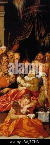 Dieses Triptychon von Dirck Barendsz aus dem Jahr 1565 zeigt den Tod der Jungfrau Maria. Ursprünglich für die Sint Janskerk in Gouda geschaffen, ist das Kunstwerk heute im Museum Gouda ausgestellt und zeigt religiöse Kunst aus der niederländischen Renaissance. Stockfoto