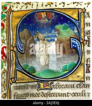 „Heures et psautier à l'use de Langres“ (Buch der Stunden und Psalter für Langres), illustrierte Handschrift aus dem 15. Jahrhundert des Meisters des Troyes Misshals. Die Initiale „S“ zeigt König David im Gebet und demonstriert komplizierte Beleuchtungstechniken und religiöse Themen. Stockfoto