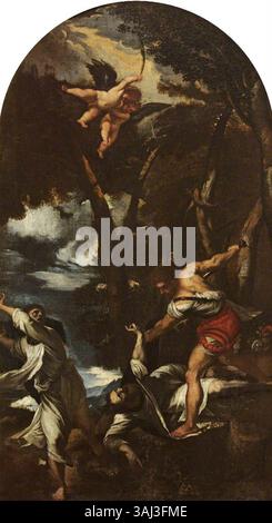 Dieses Gemälde, das Pier Francesco Mola zugeschrieben wird, zeigt das Martyrium des heiligen Petrus und fängt den dramatischen Moment seiner Ermordung ein, das zwischen 1600 und 1666 gemalt wurde. Stockfoto