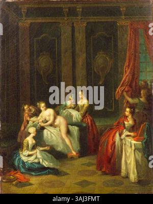Das Bad (Le plaisir de l'été), gemalt von Jean-Baptiste Pater im frühen 18. Jahrhundert, zeigt eine spielerische Szene von Badenden in einer Sommerlandschaft. Das Gemälde ist Teil der Sammlung Wallace. Stockfoto