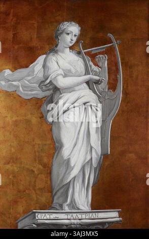 Dieses Gemälde aus der Zeit um 1800 zeigt Erato, die Muse der Lyrik und der Liebespoesie. Das Kunstwerk zeigt eine mythologische Figur, die die Verbindung zwischen Poesie, Musik und romantischen Themen in der Kunst hervorhebt. Stockfoto