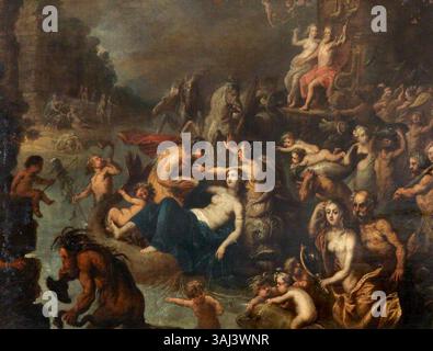 Dieses Gemälde aus dem 17. Jahrhundert im Stil von Frans Francken II. Zeigt den mythologischen Triumph von Neptun und Amphitrit mit Szenen der Verwüstung. Das Werk Öl auf Kupfer veranschaulicht dieses klassische Thema. Stockfoto