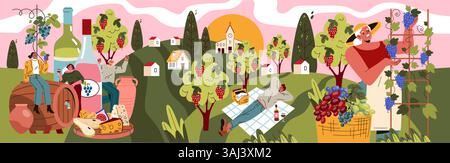 Illustration zum Nationalfeiertag des Weins, in der Menschen Wein in einer lebhaften Weinlandschaft mit Flaschen, Trauben und Käse genießen. Stock Vektor