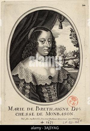 Dieser Kupferstich aus dem 17. Jahrhundert zeigt Marie d’Avaugour, Herzogin von Montbazon, die ihren Status als Ehefrau von Hercule de Rohan und ihren Platz in der französischen Aristokratie im 17. Jahrhundert widerspiegelt. Stockfoto
