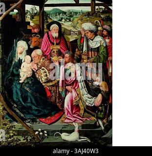 Dieses Gemälde mit dem Titel „Anbetung der Könige“, das um 1520 im niederländischen Stil geschaffen wurde, zeigt die biblische Szene der Könige, die dem Christuskind Geschenke überreichen. Das Öl auf der Tafel fängt die Ehrfurcht und Feier der Geburt ein. Stockfoto