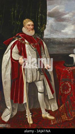 Charles Howard, 1. Earl of Nottingham, von Daniel Mytens, gemalt um 1620, fängt die edle Figur Howards in einem offiziellen Porträt ein und unterstreicht seinen Status und seine Rolle als prominente militärische und politische Figur der elisabethanischen Ära. Stockfoto