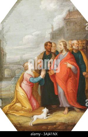 Dieses religiöse Gemälde aus dem 17. Jahrhundert, das Teil der Serie Seven Acts of Mercy ist, zeigt die biblische Geschichte Christi und der kanaanäischen Frau. Er wurde um 1640–1650 im Atelier von Frans Francken II. Gemalt und veranschaulicht das Mitgefühl Christi gegenüber der Frau und reflektiert christliche Themen der Barmherzigkeit und des Glaubens. Stockfoto