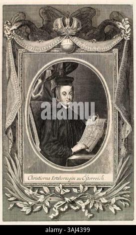 Dieser Stich von Elias Widemann aus dem Jahr 1721 stellt die Erzherzogin Maria Christina von Österreich dar und zeigt ihre prominente Rolle im europäischen Adel als Ehefrau Sigismund Báthory. Stockfoto