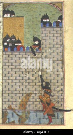 Ein Gemälde aus der „Zafarnama von Ibrahim Sultan“ zeigt Timurs Angriff auf Aleppo aus dem Jahr 1436. Das Timuridenmanuskript veranschaulicht die militärischen Feldzüge Timurs und zeigt seine Aggression in der Region Aleppo im 15. Jahrhundert. Stockfoto