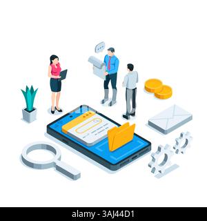 Isometrischer Geschäftsmann, der ein Dokument zusammen mit einer Frau in der Nähe einer farbigen Lupe auf weißem Hintergrund untersucht, mit Daten arbeitet oder ansieht Stock Vektor