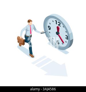 Ein isometrischer Geschäftsmann mit Aktenkoffer und Smartphone läuft in der Nähe der Uhr, in Farbe auf weißem Hintergrund, Termin- oder Zeitmanagement Stock Vektor