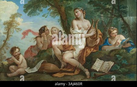 In diesem Ölgemälde von 1738 stellt Charles-Joseph Natoire Erato, die Muse der Lyrik, dar, in dem die anderen Musen Thalia (Komödie), Euterpe (Musik) und Melpomene (Tragödie) sereniert werden. Das Werk ist eine Feier der Künste und der klassischen Tradition und zeigt Natoires Meisterschaft in der Vermittlung der Schönheit und Anmut mythologischer Figuren. Stockfoto