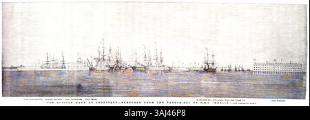 Abbildung der russischen Marine in Cronstadt während des Krimkrieges. Die Szene zeigt Fort Constantine, Citadel Battery, Fort Alexander, Fort Peter, eine Fregatte, Kanonenboote und Fort Risbank, skizziert aus dem Paddelkasten der HMS Merlin am 14. Juli 1855. Dieser Holzstich wurde in den Illustrated London News auf Seite 36 gezeigt und beschreibt den anhaltenden Krieg auf der Krim. Stockfoto