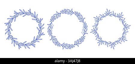 Mediterrane blaue Olivenzweige, kreisförmiges Rahmenset. Handgezeichnete runde Linie, Blätter und Blumen, Hochzeitseinladungen und Karten, Logo-Design und Stock Vektor