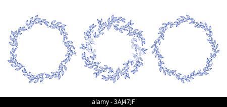 Mediterrane blaue Olivenzweige, kreisförmiges Rahmenset. Handgezeichnete runde Linie, Blätter und Blumen, Hochzeitseinladungen und Karten, Logo-Design und Stock Vektor