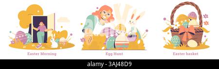 Osterfestszene mit drei Hauptdarstellungen: Eine Person, die den Ostermorgen genießt, eine Eierjagd mit verspielten Kaninchen und ein festlicher Korb mit bunten Eiern. Ideal für Urlaubsthemen. Stock Vektor