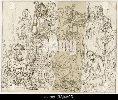Eine Studie über indische Figuren für „der Triumph Alexanders“ von Gustave Moreau, die zwischen 1850 und 1895 erstellt wurde. Die Arbeit konzentriert sich auf eine Gruppe von Charakteren, darunter Frauen in traditioneller indischer Kleidung, die historische und kulturelle Repräsentationen erforschen, die im Musée Gustave Moreau untergebracht sind. Stockfoto
