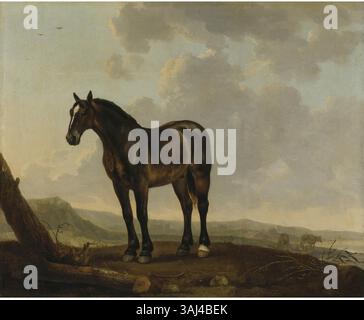 Dieses um 1700 entstandene Gemälde von Abraham van Calraet zeigt ein braunes Pferd in einer Landschaft und veranschaulicht seine Beherrschung der Landschaft und Tierdarstellung. Stockfoto