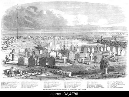 Dieser Druck der Illustrated London News vom 2. Februar 1856 zeigt die Grabstätte der Vierten Division auf dem Cathcart's Hill auf der Krim. Das Bild ruft ein Gefühl des Verlustes und der Erinnerung hervor und zeigt die Gräber britischer Offiziere, die während der Belagerung von Sebastopol starben, mit ihren Namen auf ihren Gräbern. Stockfoto