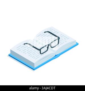 Isometrisches offenes Buch und Brille, in Farbe auf weißem Hintergrund, Lesen und Lernen Stock Vektor