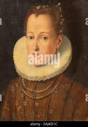 Dieses Porträt aus dem 16. Jahrhundert, das der Werkstatt von Juan Pantoja de la Cruz zugeschrieben wird, zeigt Margarete von Österreich, Königin von Philipp III. Von Spanien, die ihre Jugendliche Gnade einnimmt. Stockfoto