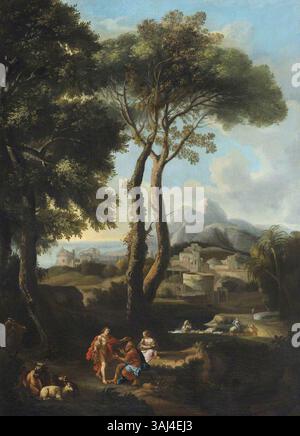 Diese klassische Landschaft zeigt zwei Figuren, die sich gegenseitig begrüßen, mit Vieh und einer Stadt im Hintergrund. Es ist ein Ölgemälde auf Leinwand und Brett, das um 1700 im Stil von Jan Frans van Bloemen gemalt wurde. Stockfoto