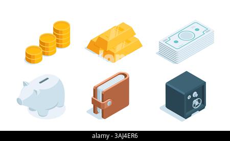 Isometrisches Set zum Thema Finanzen, in Farbe auf weißem Hintergrund, Gold und Geld oder Geldbörse und Safe Stock Vektor