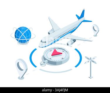 Ein isometrisches Flugzeug fliegt über einen Kompass zu einem Ort, in Farbe auf weißem Hintergrund, Reise oder Flug Stock Vektor