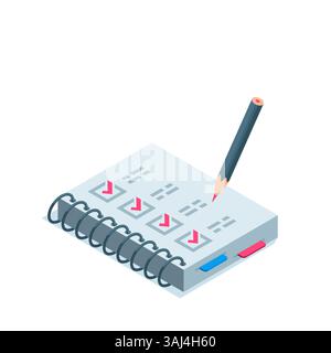 Isometrischer Stift in der Nähe des Notizblocks mit Häkchen, farbig auf weißem Hintergrund, abgeschlossener Test oder Plan Stock Vektor
