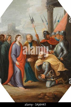 Dieses Gemälde, Teil der Serie Seven Acts of Barmherzigkeit, zeigt die biblische Geschichte Christi und des römischen Hauptmanns. Das von 1640 bis 1650 im Atelier von Frans Francken II. Entstandene Öl auf Kupfer reflektiert christliche Themen wie Demut, Glauben und Barmherzigkeit. Stockfoto