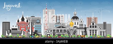 Lugansk City Skyline mit farbigen Gebäuden und blauem Himmel. Vektorabbildung. Luhansk Stadtbild mit Wahrzeichen. Stock Vektor