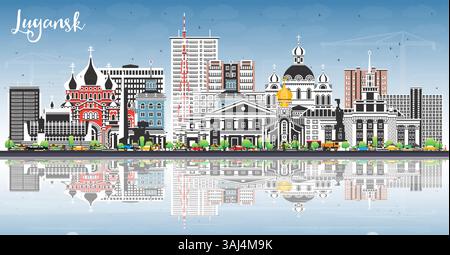 Skyline der Stadt Lugansk mit farbigen Gebäuden, blauem Himmel und Reflexionen. Vektorabbildung. Luhansk Stadtbild mit Wahrzeichen. Stock Vektor