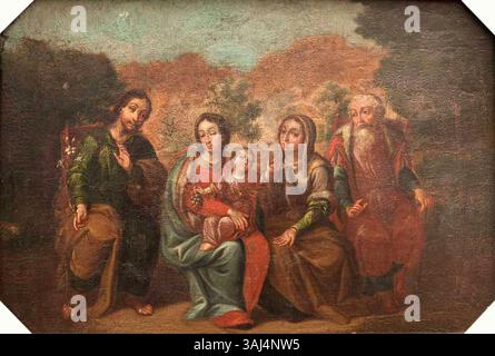Ein Ölgemälde aus dem 17. Und 18. Jahrhundert aus der Neuen Spanischen Schule, das die Heilige Familie mit der Heiligen Anna und dem Heiligen Joachim darstellt. Das Kunstwerk ist im Nationalmuseum der Schönen Künste Kubas untergebracht und spiegelt die religiöse Hingabe aus der Kolonialzeit wider. Stockfoto
