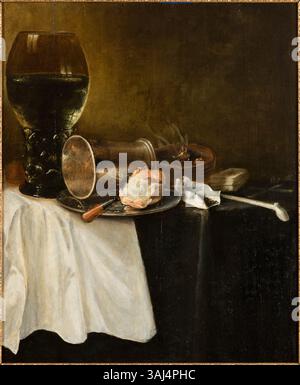 Dieses Stillleben aus dem Jahr 1600-1661, das Pieter Claesz zugeschrieben wird, zeigt ein Weinglas, einen Teller und ein Messer und zeigt die niederländische kulinarische Kunst des 17. Jahrhunderts mit einem Schwerpunkt auf Alltagsgegenständen. Stockfoto