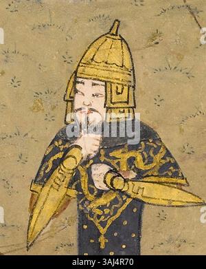 Diese Illustration aus dem Zafarnama von 1436 zeigt Timur während der Belagerung Bagdads im Juli 1401. Die Szene fängt einen historischen Moment des militärischen Konflikts im 15. Jahrhundert ein. Stockfoto