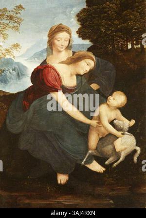 Dieses Gemälde nach Leonardo da Vinci zeigt die Jungfrau Maria, das Christkind und die Heilige Anna. Das zwischen 1508 und 1790 entstandene Öl auf Pergament an Bord zeigt eine religiöse Szene, die für die christliche Ikonographie von zentraler Bedeutung ist. Stockfoto