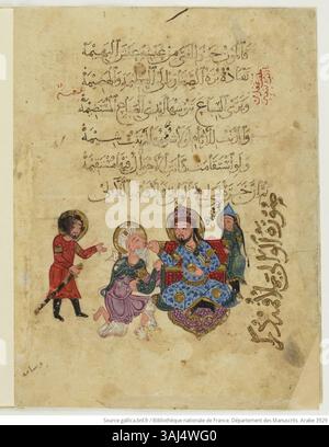 Das Manuskript „Arabe 3929“ ist ein islamisches Werk aus dem 13. Jahrhundert, das auf einer beleuchteten Seite die künstlerischen Traditionen der islamischen Welt zeigt. Dieses spezielle Folio, 7v, ist Teil einer größeren Sammlung, die die kulturellen und intellektuellen Errungenschaften der mittelalterlichen islamischen Gesellschaften beleuchtet. Stockfoto