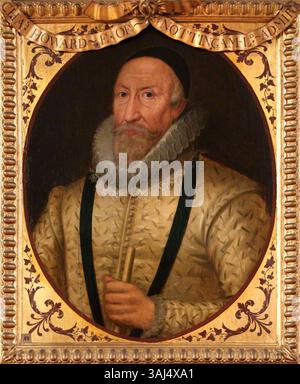 Dieses um 1600 von einem anonymen Künstler gemalte Porträt von Charles Howard, 1. Earl of Nottingham, zeigt den englischen Adligen und Marinekommandanten. Das Öl auf Eichenplatten-Kunstwerk unterstreicht seine bedeutende Rolle bei der Niederlage der spanischen Armada. Stockfoto