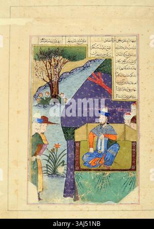 Timur empfängt Gäste auf der Hochzeit seines Sohnes, illustrierte Folio aus dem 1436 entstandenen „Zafarnama by Yazdi“. Das Kunstwerk zeigt ein bedeutendes historisches Ereignis während der Timuriden-Zeit in Shiraz, Iran. Stockfoto