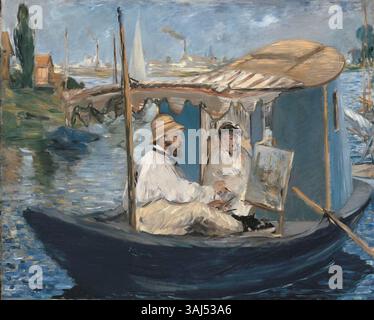 Edouard Manets Gemälde „die Barke“ aus dem Jahr 1874, auch bekannt als „Claude Monet in seinem Studio Boat“, zeigt Monet, das in seinem Bootsstudio arbeitet. Dieses Öl auf Leinwand ist Teil der Sammlung neue Pinakothek. Stockfoto