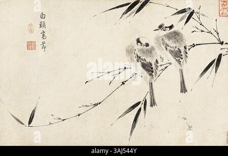 Diese Darstellung von Zhao Ji, Kaiser Huizong von Song, stellt den Pycnonotus sinensis, auch bekannt als der chinesische Bulbul, in einem akribischen Abschnitt aus „das Skizzieren seltener Vögel“ dar. Das Stück spiegelt das Interesse der Song-Dynastie an der genauen Darstellung der Tierwelt wider. Stockfoto