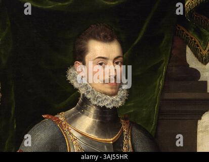„Don Juan de Austria“, der Juan Pantoja de la Cruz zugeschrieben wird, zeigt Don Juan, den unehelichen Sohn des Heiligen Römischen Kaisers Karl V. das Öl auf Leinwand-Porträt unterstreicht seine militärische Rolle und seinen edlen Hintergrund im späten 16. Jahrhundert. Stockfoto