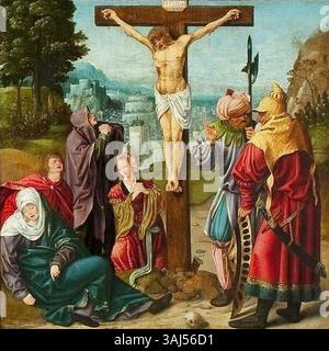 Dieser vor 1516 gemalte Altar des Heiligen Reinhold von Joos van Cleve zeigt ein Polyptychon mit Szenen aus dem Leben Christi. Wichtige Ereignisse wie die Taufe Christi, das Letzte Abendmahl und die Kreuzigung werden in Tempera auf Holztafeln dargestellt, die das Können und die religiöse Hingabe des Künstlers demonstrieren. Stockfoto