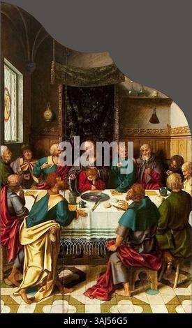 Dieses Polyptychon von Joos van Cleve, gemalt um 1516, zeigt biblische Szenen auf mehreren Tafeln. Es umfasst die Präsentation im Tempel, die Taufe Christi, das Letzte Abendmahl, die Kreuzigung und andere wichtige religiöse Momente. Die Tempera auf Holzarbeiten ist im Nationalmuseum in Warschau untergebracht. Stockfoto