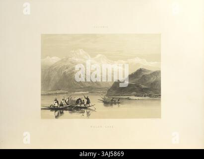 Diese Lithografie, Teil von „Erinnerungen Indiens“, zeigt den Wular Lake in Kaschmir. Der 1847 entstandene Druck wurde von James Duffield Harding nach einem Entwurf von Charles Stewart Hardinge produziert und bietet einen Einblick in die natürliche Landschaft Nordindiens während der britischen Herrschaft. Stockfoto