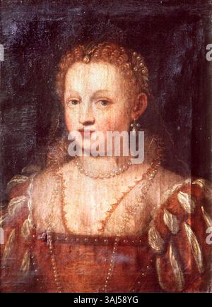 Ein Porträt einer jungen Frau aus dem späten 16. Jahrhundert, möglicherweise Pellegrina Bonaventuri. Das Gemälde, das einst Bianca Cappellos Tochter zugeschrieben wurde, zeigt eine Büste einer unbekannten Dame im traditionellen venezianischen Stil. Sie findet derzeit in der Galleria Palatina statt. Stockfoto